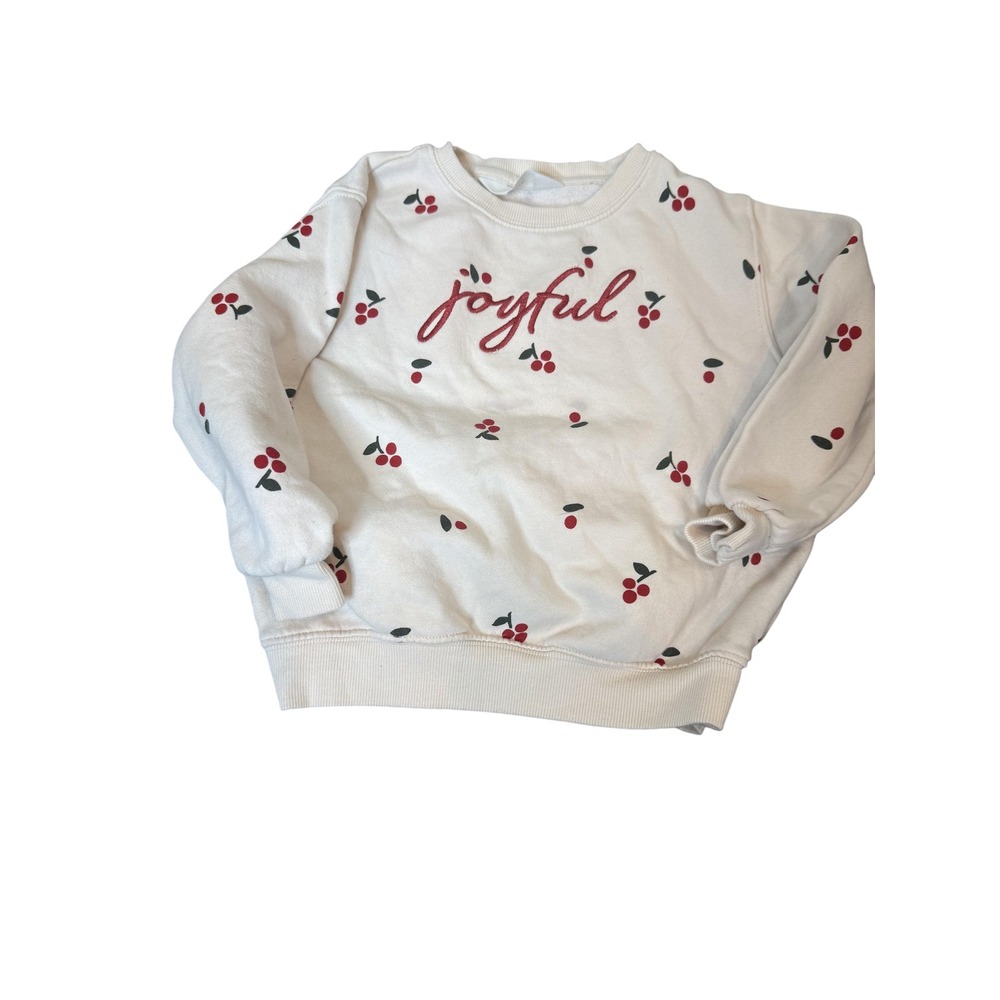 H&M Sweatshirt Girls 5T 6 Cream Joyful Cherry Print Holiday Pullover Fleece